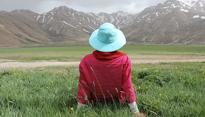 Person sits in a field of grass, looking at the mountains