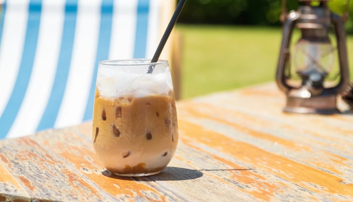 Iced coffee sitting on a picnic table